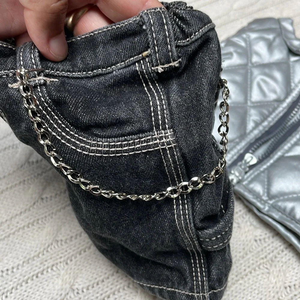 Build a Bear black denim jeans & silver puffer vest chain/pocket detail- jeans - Picture 4 of 10